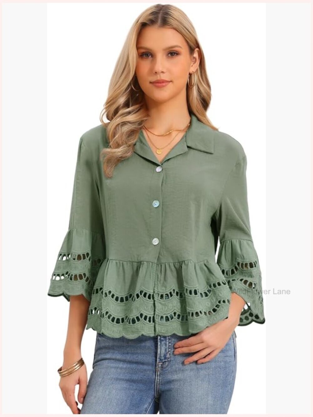 3/4 Bell Sleeve Ruffle Hem Button Down Blouse